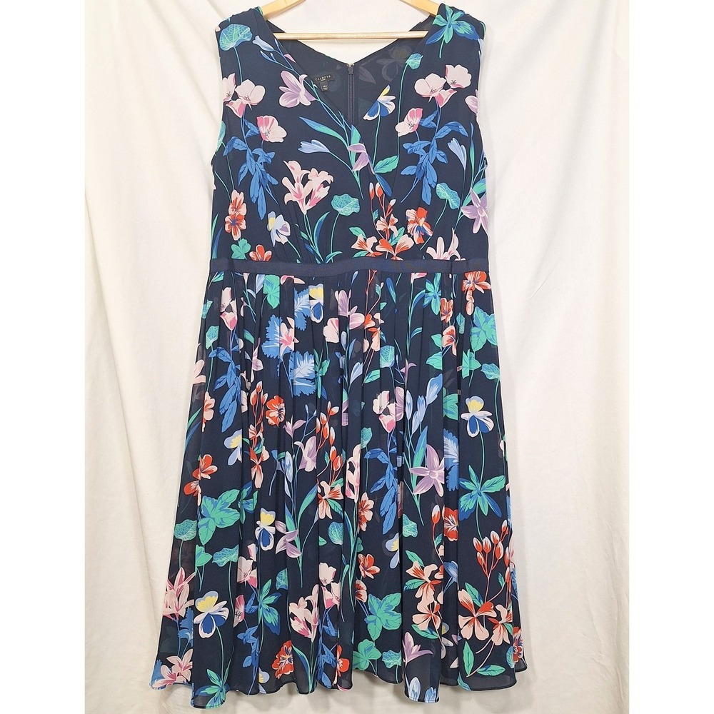 Talbots 14 Navy Floral Chiffon Midi Dress Fit Flare Pleat Garden Party Cocktail